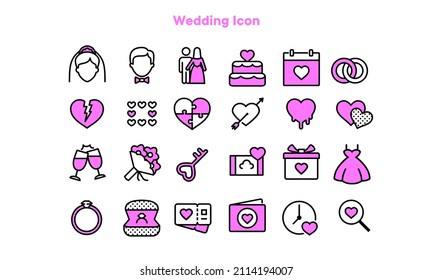Wedding icons pink outline set. vector wedding symbols isolated on white background. Love theme collection with romantic elements stock illustration