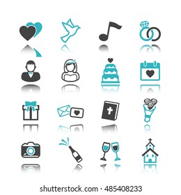 wedding icons with reflection isolated on white background