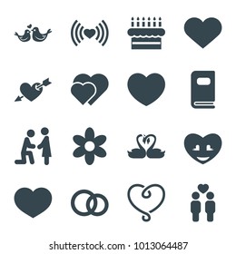 Wedding icons. set of 16 editable filled wedding icons such as flower, marriage proposal, hearts, gay couple, lovebirds, heart, engagement rings, photo album, heart with arrow