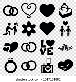 Wedding icons. set of 16 editable filled wedding icons such as flower, heart, engagement ring, ring in box, engagement rings, ring, marriage proposal, gay couple