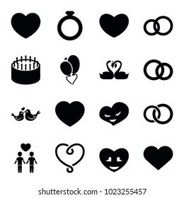Wedding icons. set of 16 editable filled wedding icons such as cake, engagement ring, ring, lovebirds, heart baloons, heart, engagement rings, gay couple