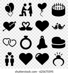 Wedding icons set. set of 16 wedding filled icons such as heart, ring, heart with arrow, cake, gay couple, lovebirds, bell