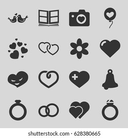 Wedding icons set. set of 16 wedding filled icons such as heart, flower, heart with cross, heart with camera, lovebirds, photo album, ring, bell