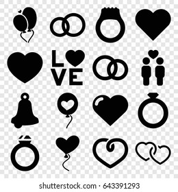 Wedding icons set. set of 16 wedding filled icons such as heart, gay couple, love word, heart baloons, engagement rings, ring, bell