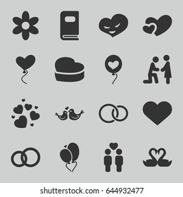 Wedding icons set. set of 16 wedding filled icons such as flower, gay couple, swan heart, heart, lovebirds, rings, photo album, engagement ring