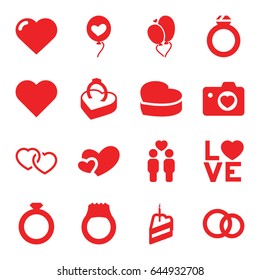 Wedding icons set. set of 16 wedding filled icons such as heart, gay couple, heart with camera, love word, ring in box, piece of cake, engagement rings