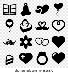 Wedding icons set. set of 16 wedding filled icons such as heart, flower, heart with cross, lovebirds, ring in box, piece of cake, photo album, ring