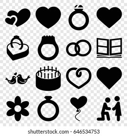Wedding icons set. set of 16 wedding filled icons such as flower, cake, heart, lovebirds, heart baloons, ring in box, photo album, ring, engagement ring