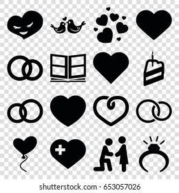 Wedding icons set. set of 16 wedding filled icons such as ring, heart with cross, heart, lovebirds, heart baloons, rings, piece of cake, engagement rings, photo album