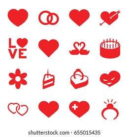 Wedding icons set. set of 16 wedding filled icons such as flower, ring, heart with arrow, cake, heart with cross, love word, ring in box, piece of cake