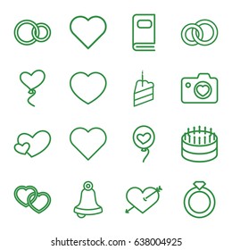 Wedding icons set. set of 16 wedding outline icons such as heart with camera, heart baloons, rings, piece of cake, photo album, cake, bell, engagement ring