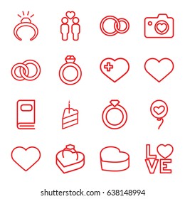 Wedding icons set. set of 16 wedding outline icons such as ring, heart with cross, gay couple, heart with camera, love word, rings, ring in box, piece of cake, photo album