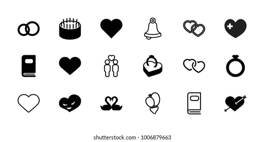 Wedding icons. set of 18 editable filled and outline wedding icons: heart, heart with arrow, cake, engagement ring, ring, ring in box, photo album, bell