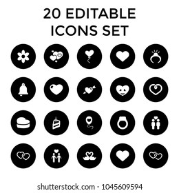 Wedding icons. set of 20 editable filled wedding icons such as flower, ring, gay couple, swan heart, heart, heart baloons. best quality wedding elements in trendy style.