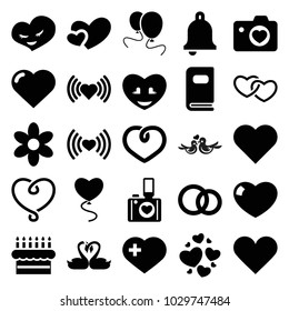 Wedding icons. set of 25 editable filled wedding icons such as heart, flower, heart with cross, engagement rings, photo album, bell, cake