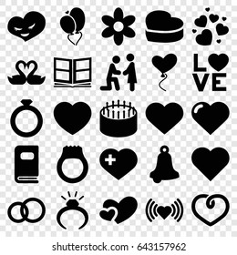Wedding icons set. set of 25 wedding filled icons such as heart, flower, ring, cake, heart with cross, love word, photo album, bell, engagement ring