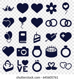 Wedding icons set. set of 25 wedding filled icons such as heart, flower, heart with arrow, cake, heart with cross, love word, lovebirds, ring in box, piece of cake