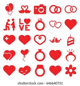 Wedding icons set. set of 25 wedding filled icons such as flower, ring, heart with cross, heart with camera, swan heart, love word, lovebirds, rings, piece of cake