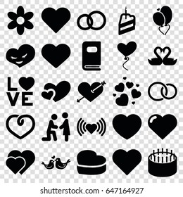Wedding icons set. set of 25 wedding filled icons such as heart, flower, heart with arrow, cake, swan heart, love word, lovebirds, rings, piece of cake, photo album