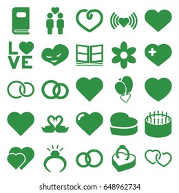 Wedding icons set. set of 25 wedding filled icons such as heart, flower, ring, cake, heart with cross, gay couple, swan heart, love word, rings, ring in box, engagement rings