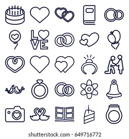 Wedding icons set. set of 25 wedding outline icons such as flower, ring, heart with camera, swan heart, heart, love word, lovebirds, rings, piece of cake, engagement rings