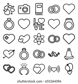 Wedding icons set. set of 25 wedding outline icons such as flower, ring, heart, heart with cross, heart with camera, love word, lovebirds, rings, engagement rings, photo album