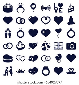 Wedding icons set. set of 36 wedding filled icons such as heart, ring, heart with arrow, cake, gay couple, love word, lovebirds, rings, ring in box, piece of cake