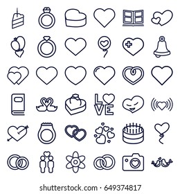 Wedding icons set. set of 36 wedding outline icons such as heart, flower, heart with cross, gay couple, heart with camera, love word, lovebirds, ring in box, piece of cake