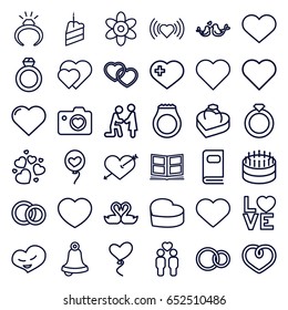 Wedding icons set. set of 36 wedding outline icons such as heart, flower, ring, heart with cross, gay couple, heart with camera, love word, lovebirds, rings, ring in box