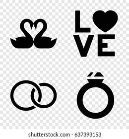 Wedding icons set. set of 4 wedding filled icons such as swan heart, love word, rings