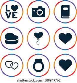 wedding icons set. Set of 9 wedding filled icons such as heart with camera, love word, heart baloons, photo album