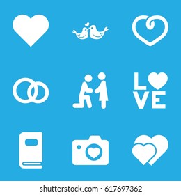 Wedding icons set. set of 9 wedding filled icons such as heart with camera, heart, love word, lovebirds, engagement rings, photo album, marriage proposal