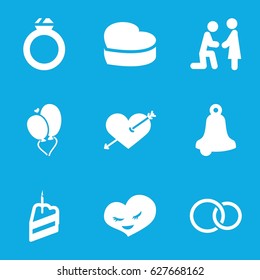 Wedding icons set. set of 9 wedding filled icons such as heart with arrow, heart baloons, rings, piece of cake, ring, bell