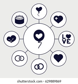 Wedding icons set. set of 9 wedding filled icons such as cake, heart with cross, love word, heart baloons, heart, rings
