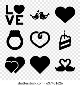 Wedding icons set. set of 9 wedding filled icons such as swan heart, heart, love word, lovebirds, piece of cake, ring