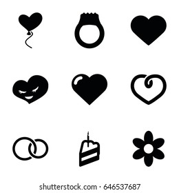 Wedding icons set. set of 9 wedding filled icons such as heart, flower, heart baloons, rings, piece of cake