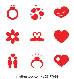 Wedding icons set. set of 9 wedding filled icons such as flower, ring, heart with cross, gay couple, swan heart