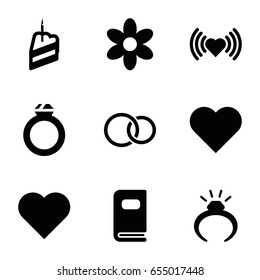 Wedding icons set. set of 9 wedding filled icons such as flower, ring, heart, rings, piece of cake