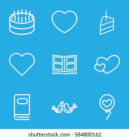 wedding icons set. Set of 9 wedding outline icons such as lovebirds, heart baloons, heart, piece of cake, photo album