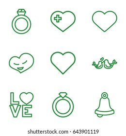 Wedding icons set. set of 9 wedding outline icons such as heart with cross, love word, lovebirds, heart, bell