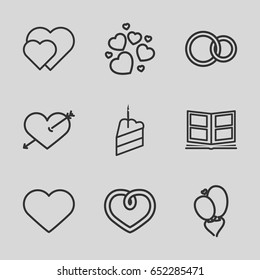 Wedding icons set. set of 9 wedding outline icons such as heart, heart baloons, rings, piece of cake, photo album, heart with arrow