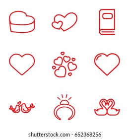 Wedding icons set. set of 9 wedding outline icons such as heart, ring, swan heart, lovebirds, heart cake