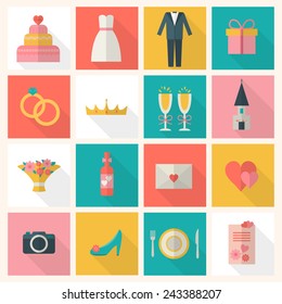 Wedding Icons Set. Bride, Groom, Present, Rings, Cake, Love, Flowers, Dress And Other Objects. Flat Style Vector Illustration.