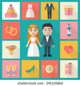 Wedding icons set. Bride, groom, present, rings, cake, love, flowers, dress and other objects. Flat style vector illustration.