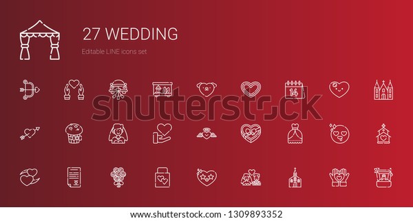 wedding icons set. Collection of wedding\
with church, newlyweds, heart, wedding gift, bouquet, contract,\
dress, chocolate box. Editable and scalable\
icons.