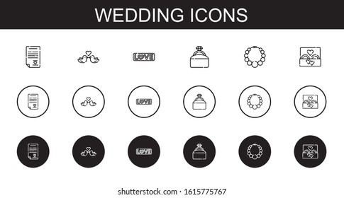 wedding icons set. Collection of wedding with wedding contract, love birds, love, engagement ring, necklace, ring. Editable and scalable icons.