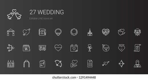 wedding icons set. Collection of wedding with cupid, wedding planning, love, bow, invitation, arch, church, in love, day. Editable and scalable icons.