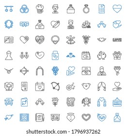 wedding icons set. Collection of wedding with wedding dress, heart, terrarium, guests book, video, cupid, just married, love, bouquet. Editable and scalable icons.