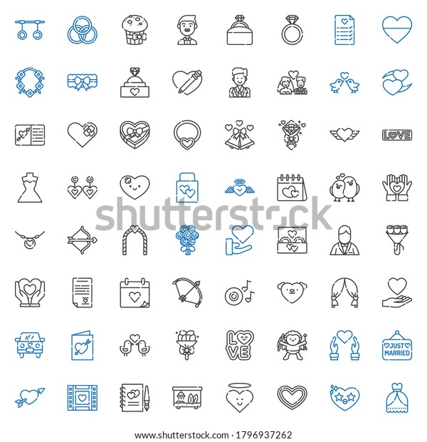 wedding icons set.\
Collection of wedding with wedding dress, heart, terrarium, guests\
book, video, cupid, just married, love, bouquet. Editable and\
scalable icons.