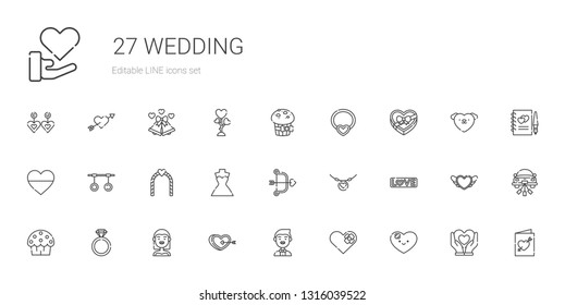 wedding icons set. Collection of wedding with heart, groom, bride, engagement ring, cup cake, love, necklace, cupid, wedding dress, arch. Editable and scalable icons.